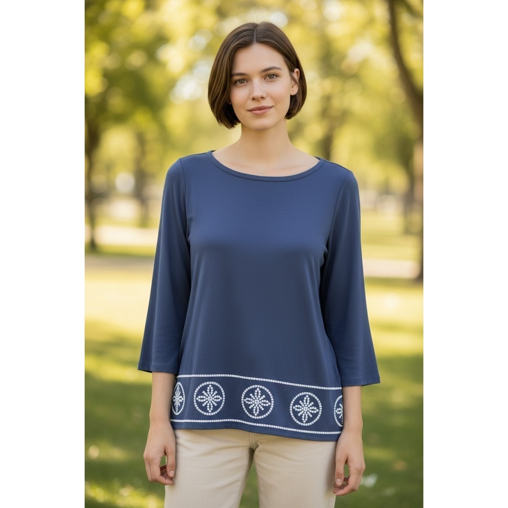 Michael Kors Navy Blue Medallion Border Print Boat Neck 3/4 Sleeve Top Small